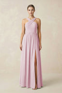 Candy Pink Cross Halter Neck Chiffon A-Line Bridesmaid Dress With Slit | KISSBRIDAL