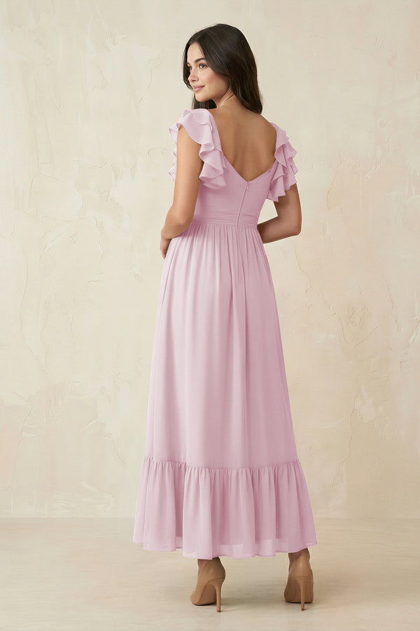 Candy Pink Flutter Sleeve Sweetheart A-Line Chiffon Bridesmaid Dress (2) | KISSBRIDAL