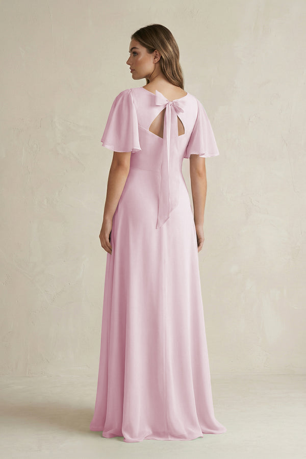 Candy Pink Flutter Sleeve V-Neck A-Line Chiffon Bridesmaid Dress (2) | KISSBRIDAL