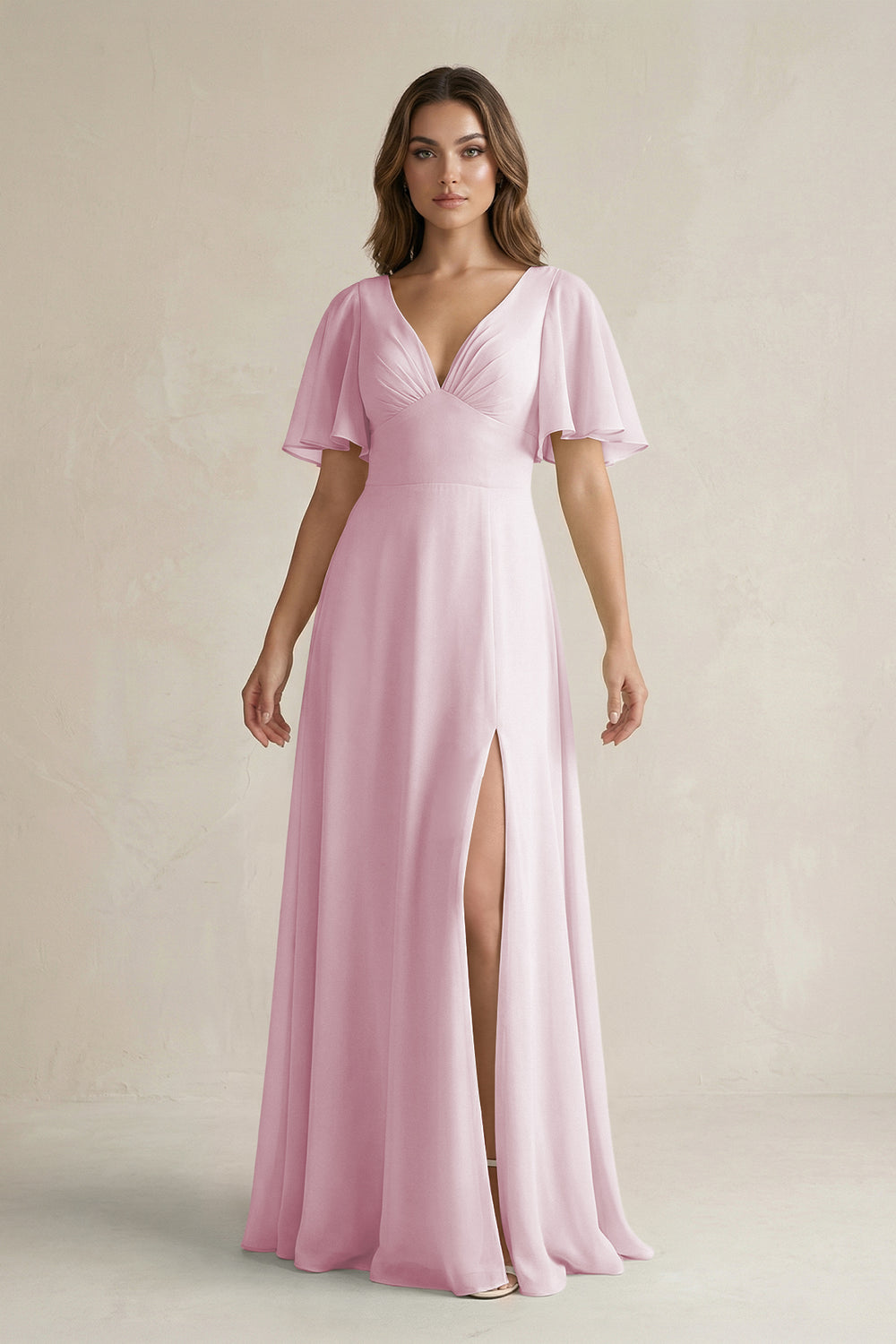 Flutter Sleeve V-Neck A-Line Chiffon Bridesmaid Dress in Candy Pink