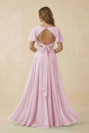 Candy Pink Flutter Sleeve V-Neck Chiffon A-Line Bridesmaid Dress (2) | KISSBRIDAL