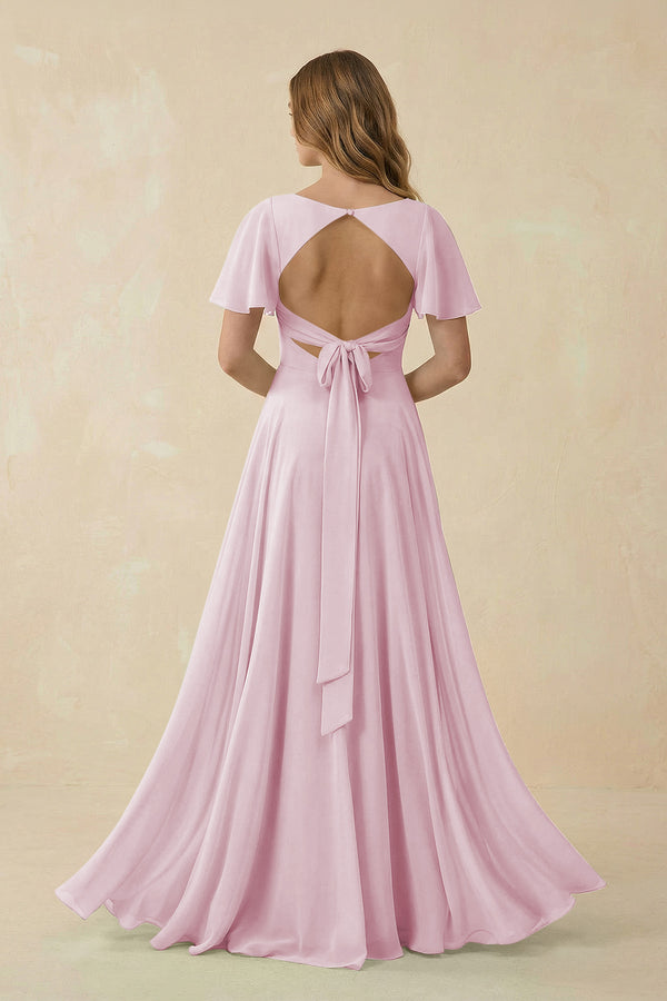 Candy Pink Flutter Sleeve V-Neck Chiffon A-Line Bridesmaid Dress (2) | KISSBRIDAL