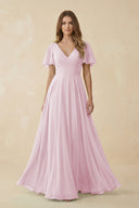 Candy Pink Flutter Sleeve V-Neck Chiffon A-Line Bridesmaid Dress | KISSBRIDAL