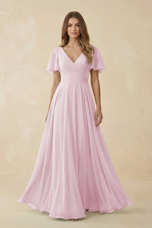 Candy Pink Flutter Sleeve V-Neck Chiffon A-Line Bridesmaid Dress | KISSBRIDAL