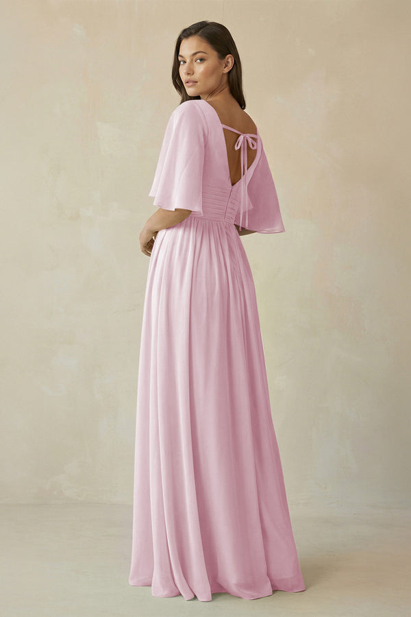 Candy Pink Half Sleeve V-Neck A-Line Chiffon Bridesmaid Gown (2) | KISSBRIDAL