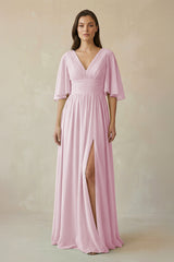 Candy Pink Half Sleeve V-Neck A-Line Chiffon Bridesmaid Gown | KISSBRIDAL
