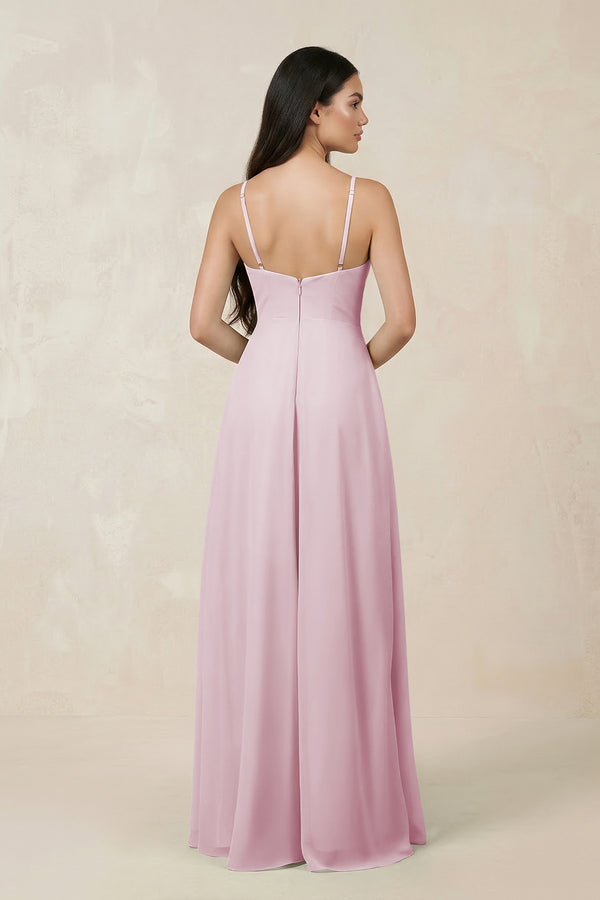 Candy Pink Halter Chiffon A-Line Bridesmaid Dress With Slit (2) | KISSBRIDAL