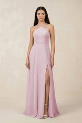 Candy Pink Halter Chiffon A-Line Bridesmaid Dress With Slit | KISSBRIDAL