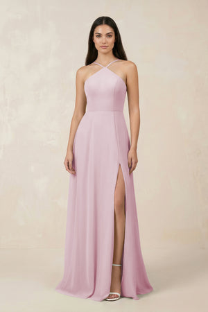 Candy Pink Halter Chiffon A-Line Bridesmaid Dress With Slit | KISSBRIDAL