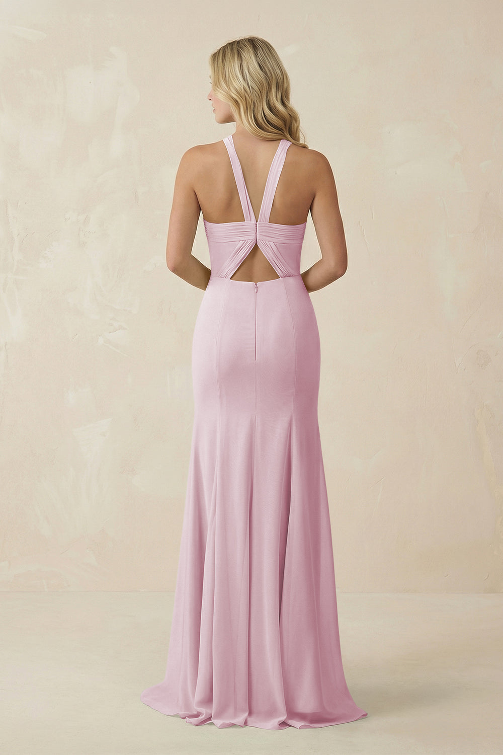 Halter Chiffon Mermaid Ruched Bridesmaid Dress in Candy Pink