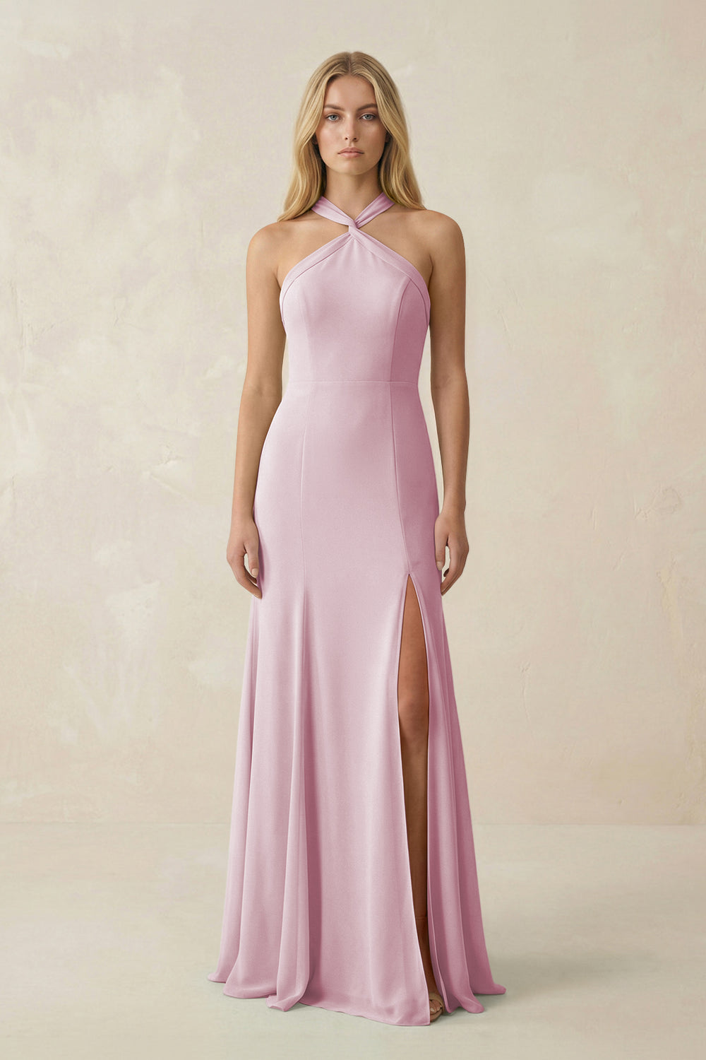 Halter Chiffon Mermaid Ruched Bridesmaid Dress in Candy Pink