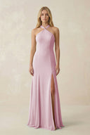 Candy Pink Halter Chiffon Mermaid Ruched Bridesmaid Dress | KISSBRIDAL