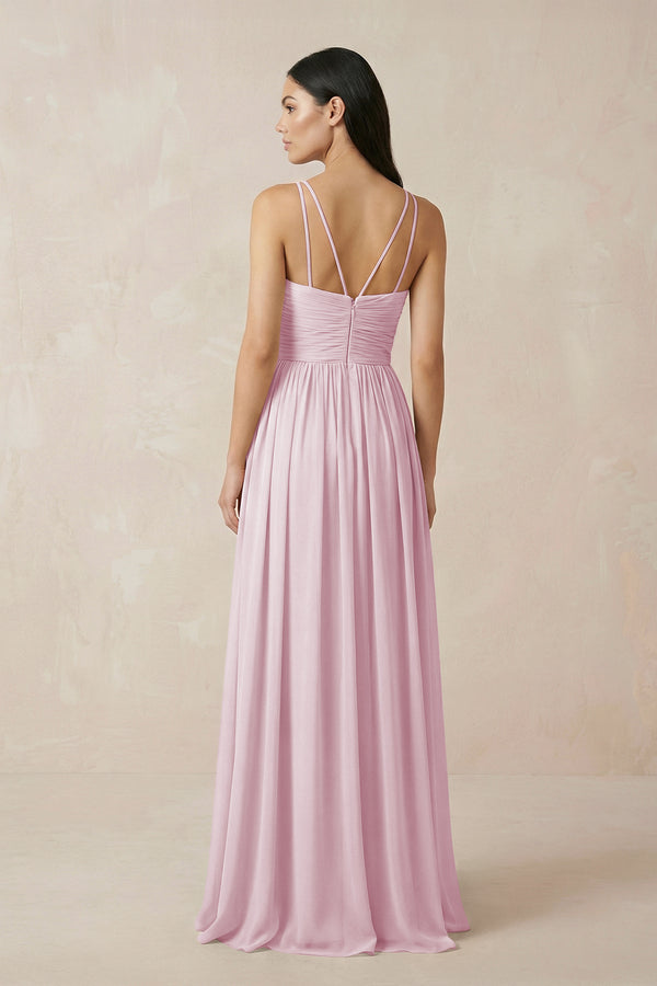 Candy Pink Halter Neck A-Line Chiffon Bridesmaid Dress (2) | KISSBRIDAL