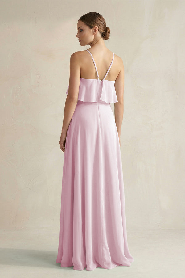 Candy Pink Halter Neck A-Line Chiffon Bridesmaid Dress with Keyhole (2) | KISSBRIDAL