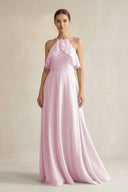 Candy Pink Halter Neck A-Line Chiffon Bridesmaid Dress with Keyhole | KISSBRIDAL