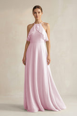 Candy Pink Halter Neck A-Line Chiffon Bridesmaid Dress with Keyhole | KISSBRIDAL
