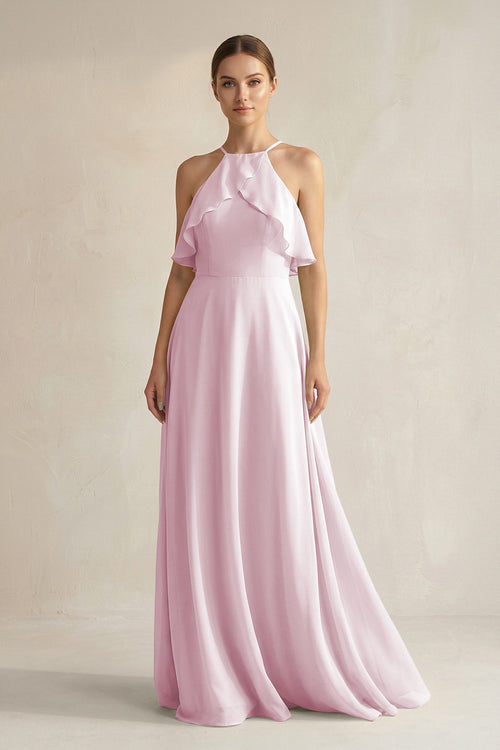 Candy Pink Halter Neck A-Line Chiffon Bridesmaid Dress with Keyhole | KISSBRIDAL