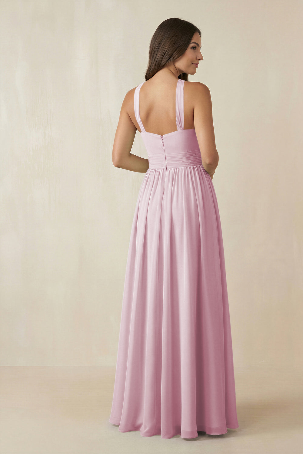 Halter Neck Ruched A-Line Chiffon Bridesmaid Dress in Candy Pink