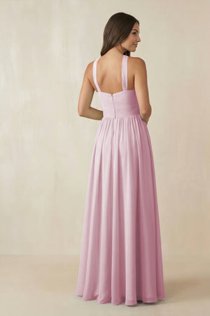 Candy Pink Halter Neck Ruched A-Line Chiffon Bridesmaid Dress (2) | KISSBRIDAL