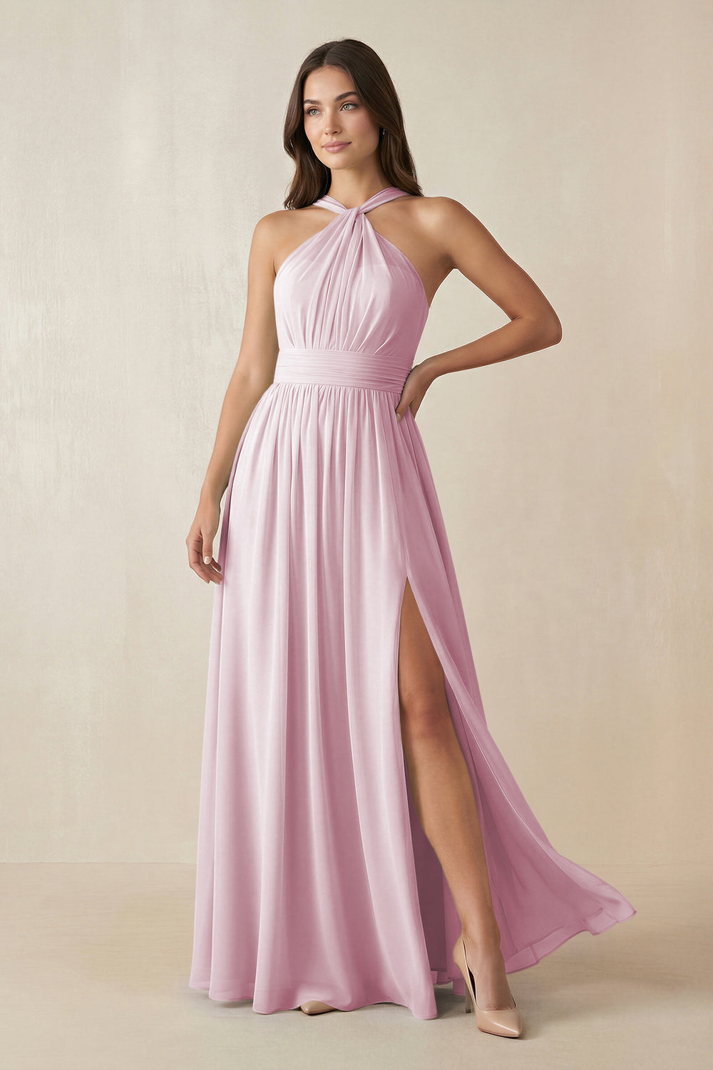 Halter Neck Ruched A-Line Chiffon Bridesmaid Dress in Candy Pink