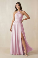 Candy Pink Halter Neck Ruched A-Line Chiffon Bridesmaid Dress | KISSBRIDAL