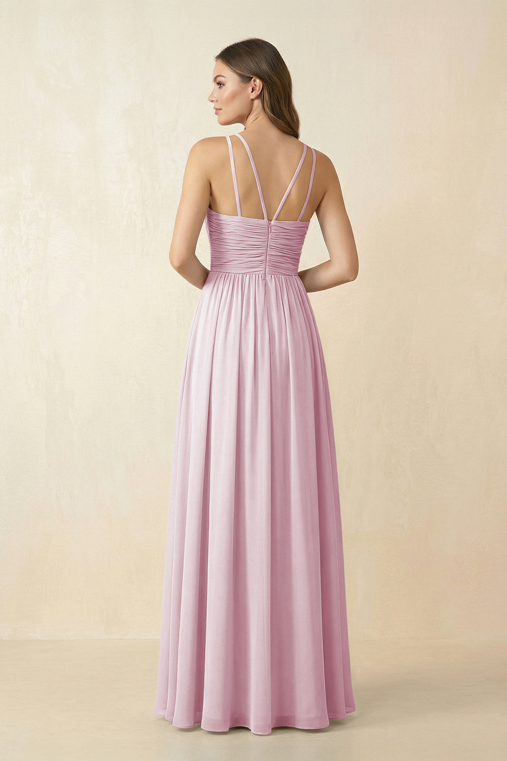Halter Pleated A-Line Chiffon Bridesmaid Dress in Candy Pink