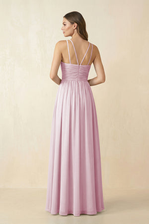 Candy Pink Halter Pleated A-Line Chiffon Bridesmaid Dress (2) | KISSBRIDAL