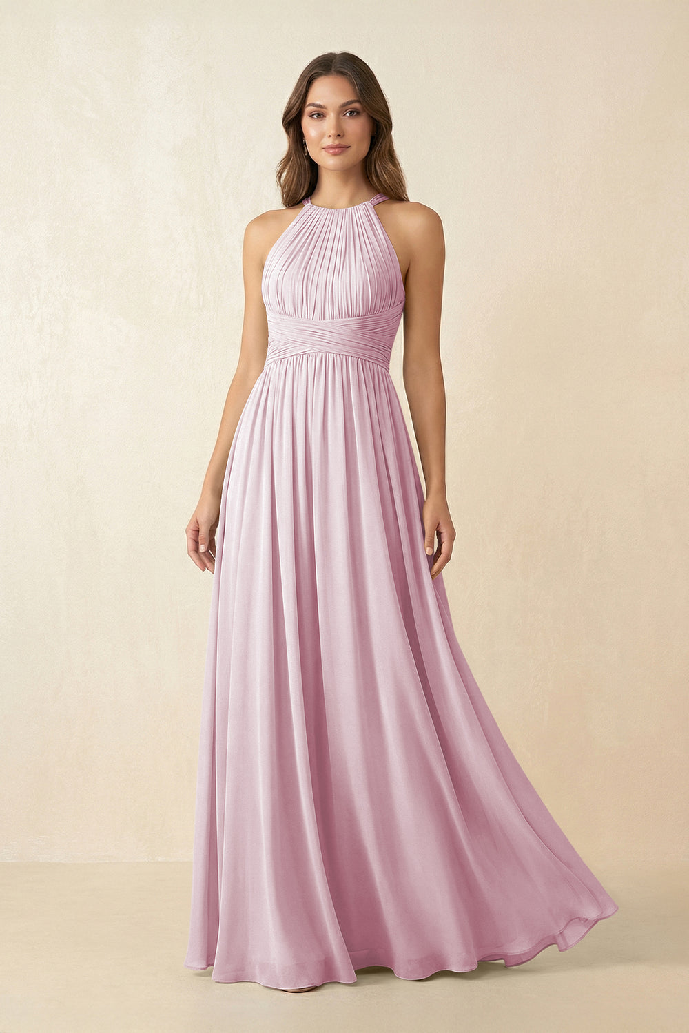 Halter Pleated A-Line Chiffon Bridesmaid Dress in Candy Pink
