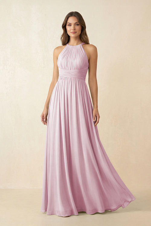 Candy Pink Halter Pleated A-Line Chiffon Bridesmaid Dress | KISSBRIDAL