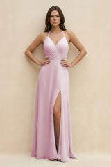 Candy Pink Halter Sheath Long Chiffon Bridesmaid Dress | KISSBRIDAL