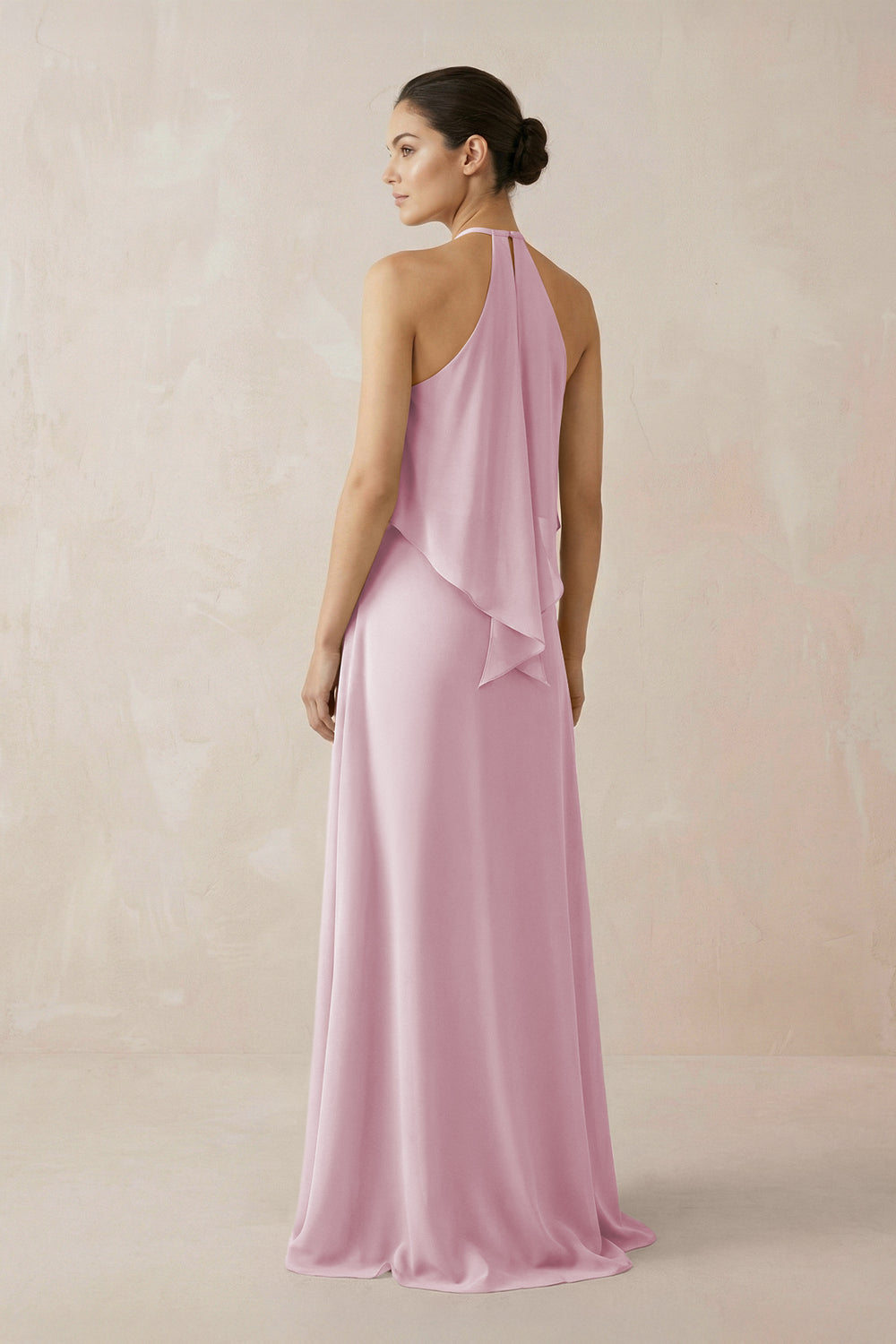 Halter Sheath Ruffled Chiffon Bridesmaid Dress in Candy Pink