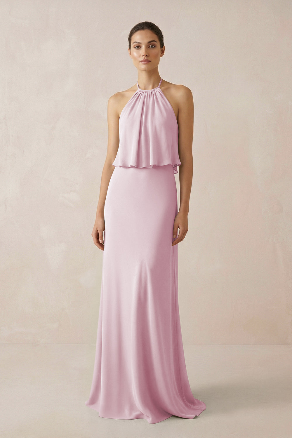 Halter Sheath Ruffled Chiffon Bridesmaid Dress in Candy Pink