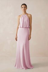 Candy Pink Halter Sheath Ruffled Chiffon Bridesmaid Dress | KISSBRIDAL