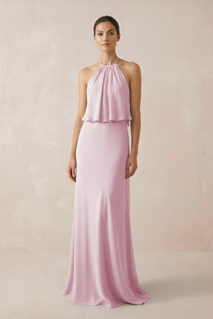 Candy Pink Halter Sheath Ruffled Chiffon Bridesmaid Dress | KISSBRIDAL