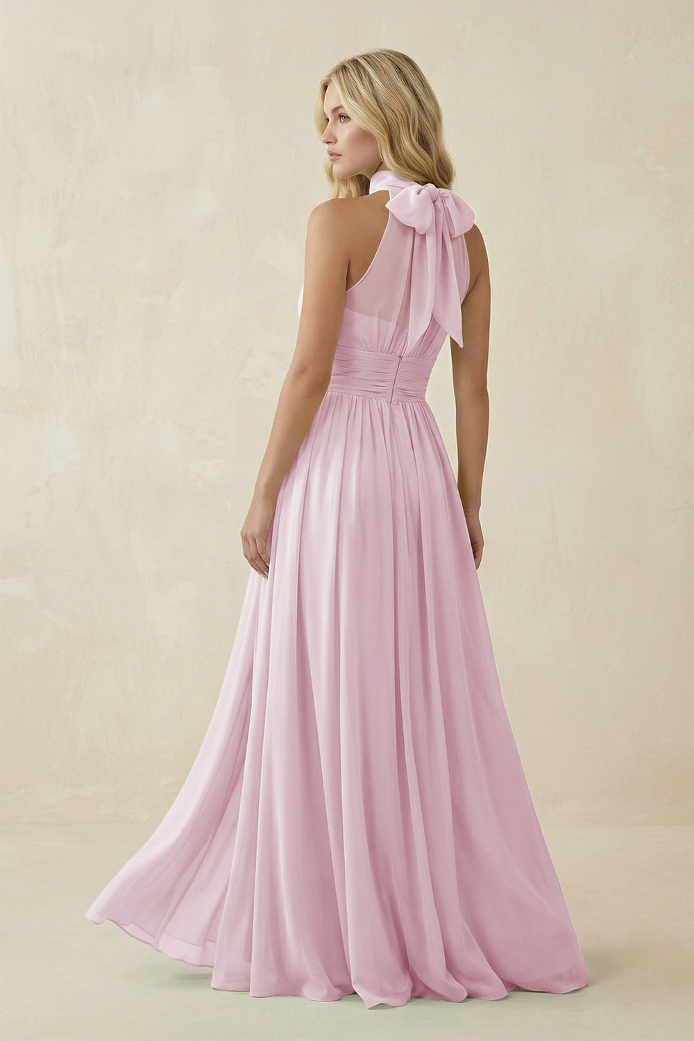 Illusion Halter A-Line Chiffon Bridesmaid Gown in Candy Pink