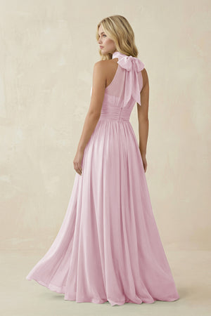 Candy Pink Illusion Halter A-Line Chiffon Bridesmaid Gown (2) | KISSBRIDAL