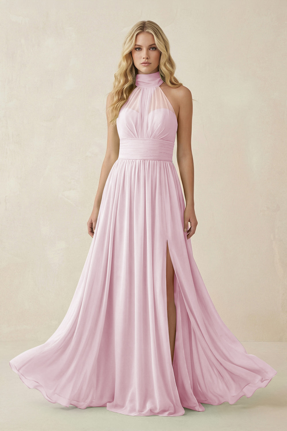 Illusion Halter A-Line Chiffon Bridesmaid Gown in Candy Pink