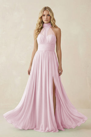 Candy Pink Illusion Halter A-Line Chiffon Bridesmaid Gown | KISSBRIDAL