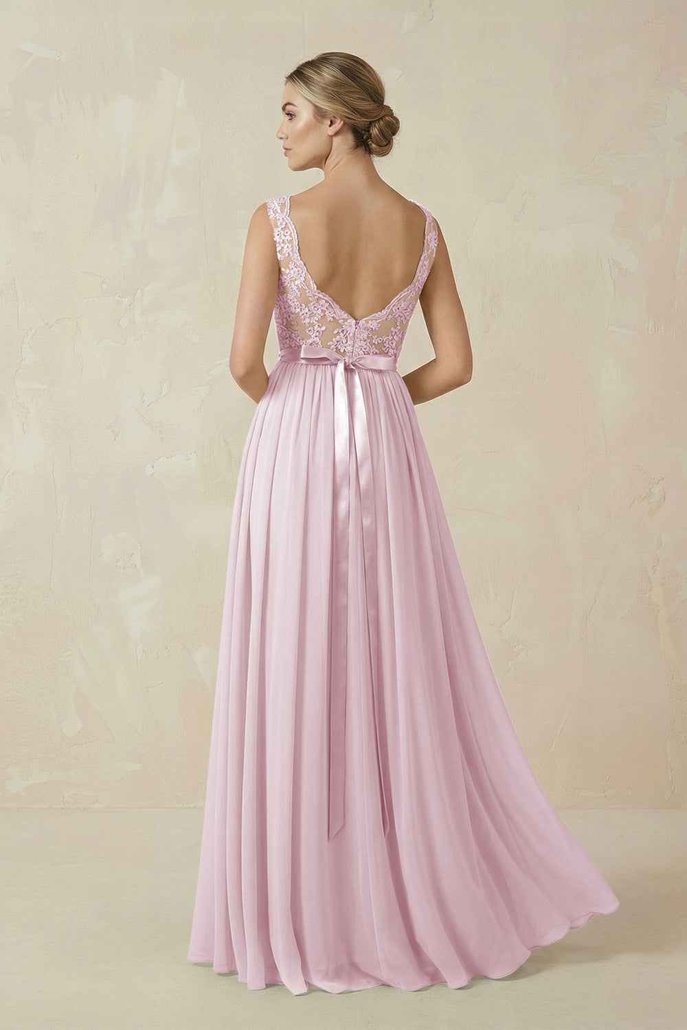 Lace A-Line Bateau Neck Chiffon Long Bridesmaid Dress in Candy Pink