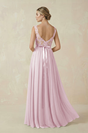 Candy Pink Lace A-Line Bateau Neck Chiffon Long Bridesmaid Dress (2) | KISSBRIDAL