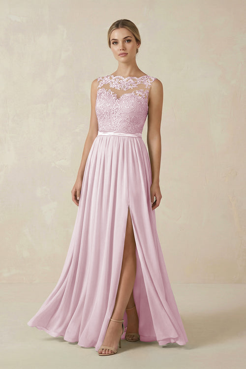 Candy Pink Lace A-Line Bateau Neck Chiffon Long Bridesmaid Dress | KISSBRIDAL