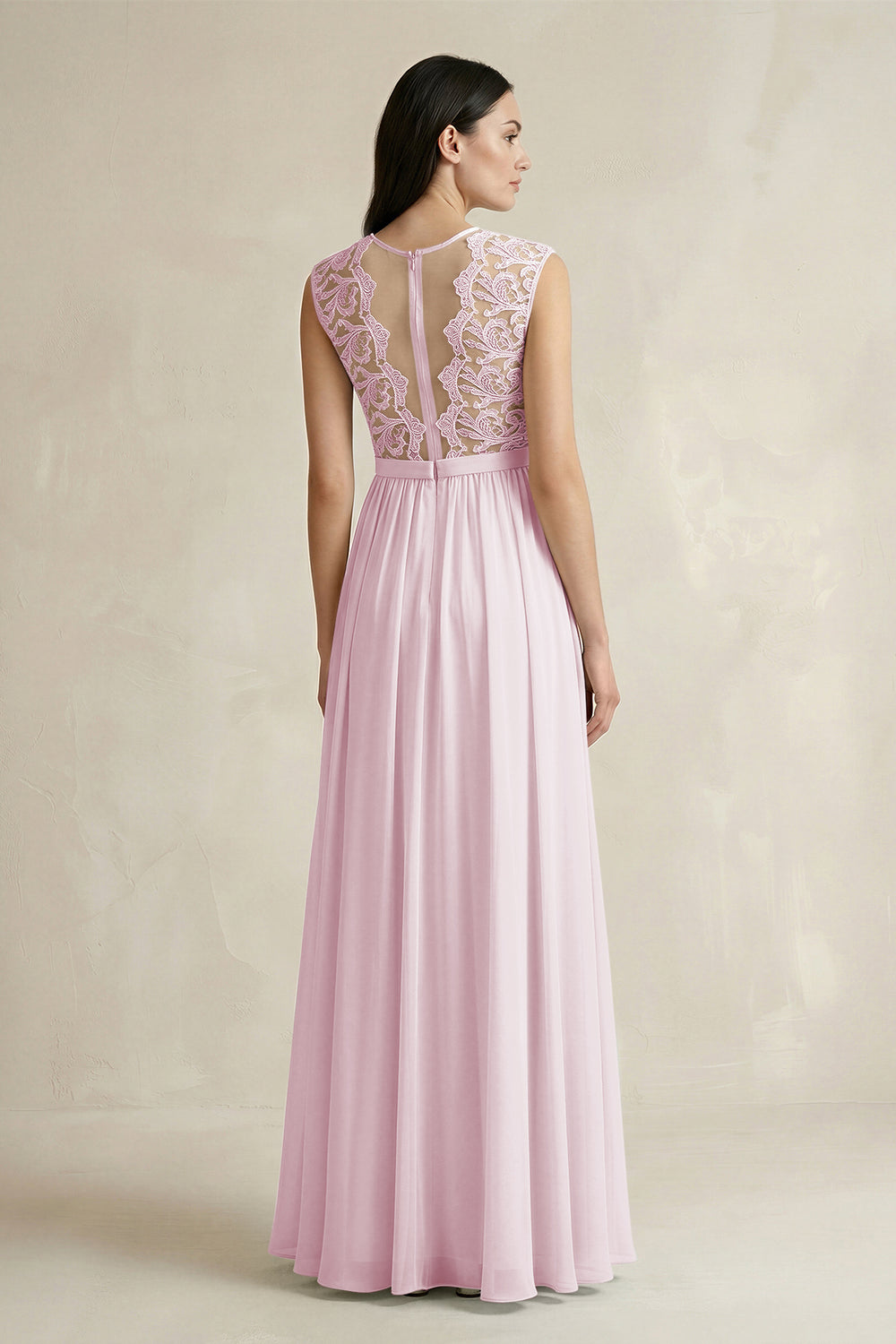 Lace Chiffon A-Line Round Neck Bridesmaid Dress in Candy Pink