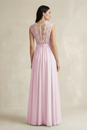 Candy Pink Lace Chiffon A-Line Round Neck Bridesmaid Dress (2) | KISSBRIDAL