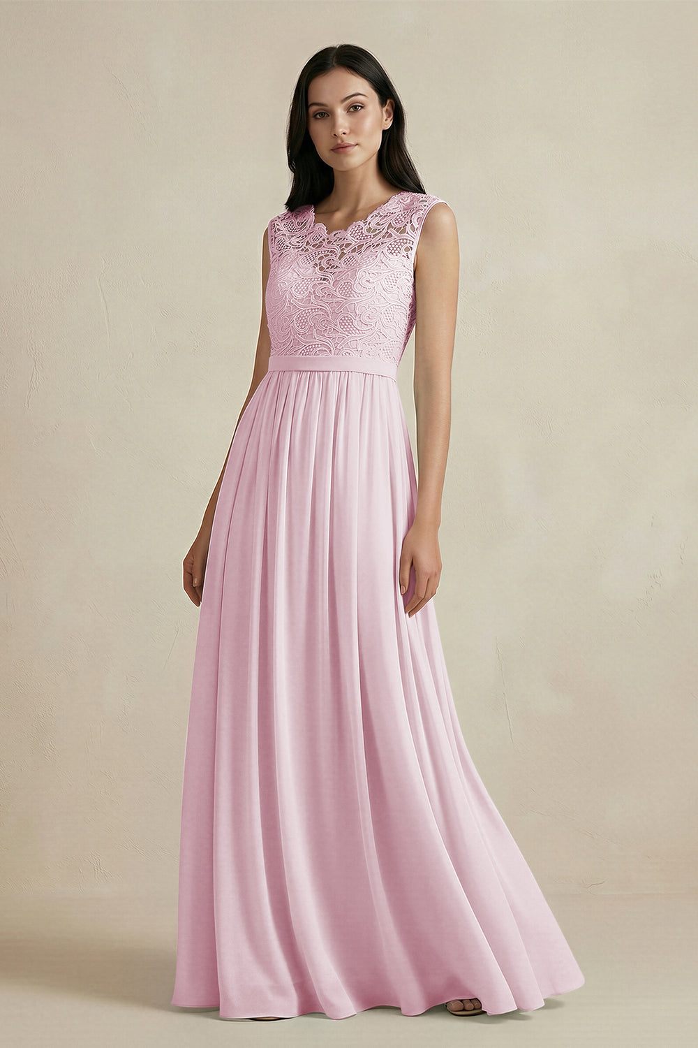 Lace Chiffon A-Line Round Neck Bridesmaid Dress in Candy Pink