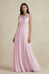 Candy Pink Lace Chiffon A-Line Round Neck Bridesmaid Dress | KISSBRIDAL