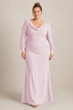 Candy Pink Long Sleeve V-Neck Sheath Chiffon Bridesmaid Dress [sizeplus] | KISSBRIDAL