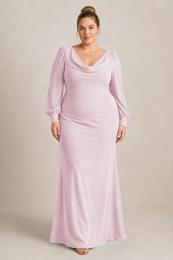 Candy Pink Long Sleeve V-Neck Sheath Chiffon Bridesmaid Dress [sizeplus] | KISSBRIDAL