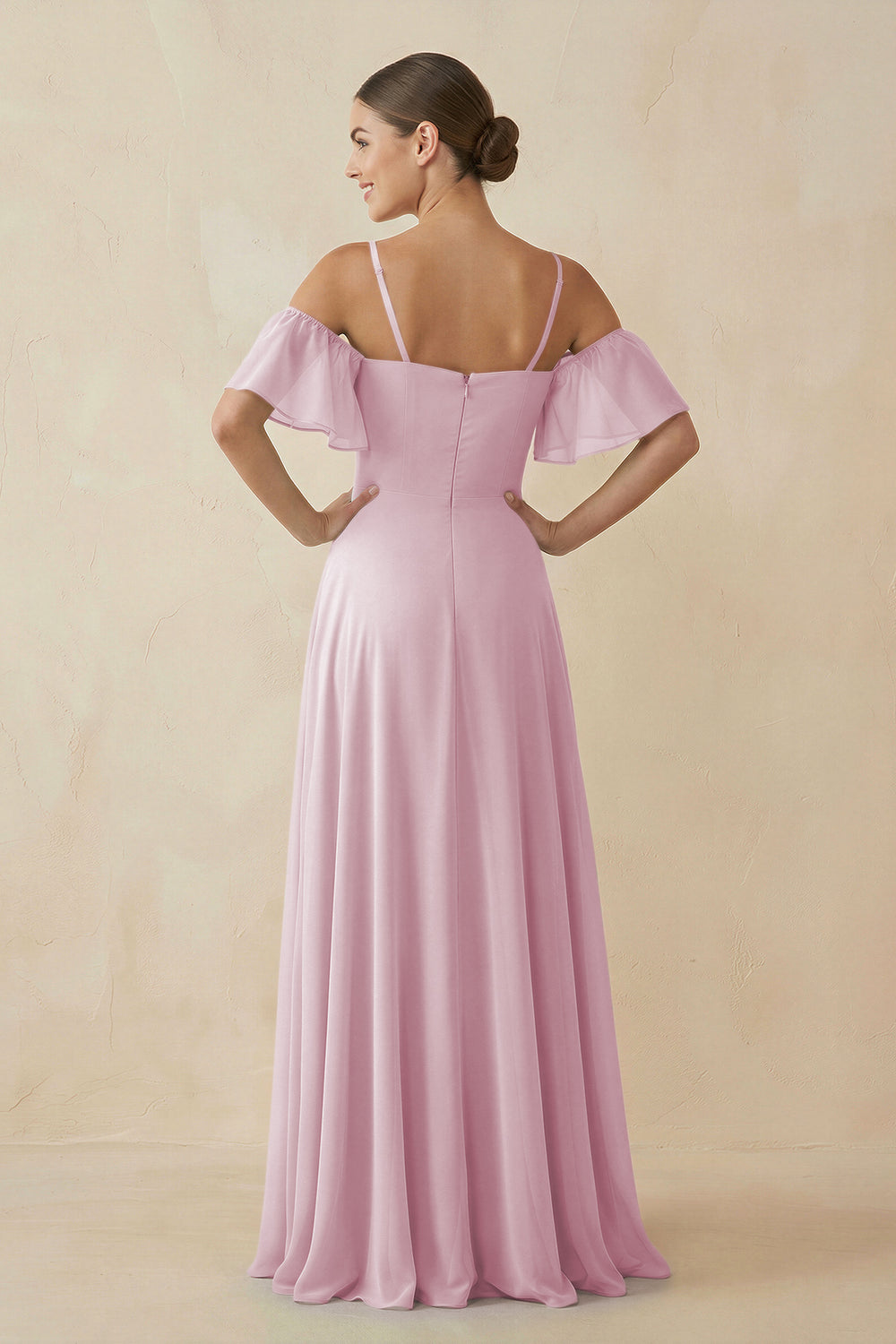 Off-the-Shoulder A-Line Chiffon Bridesmaid Dress in Candy Pink