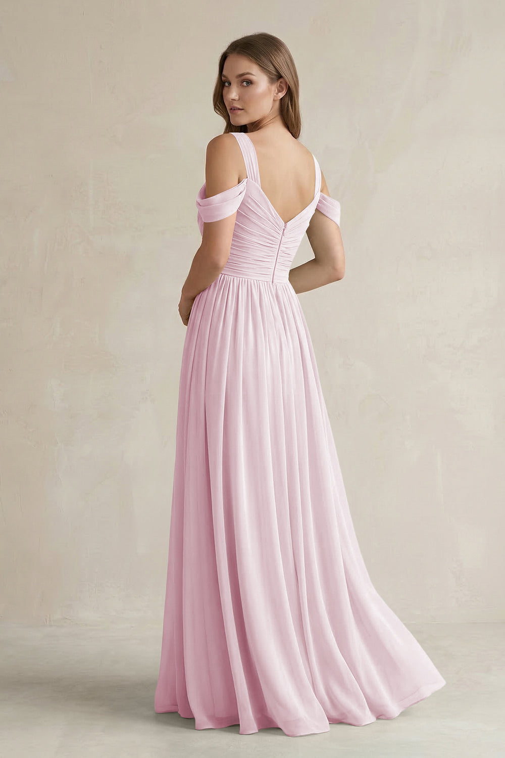 Off-the-Shoulder A-Line Chiffon Bridesmaid Dress With Slit in Candy Pink