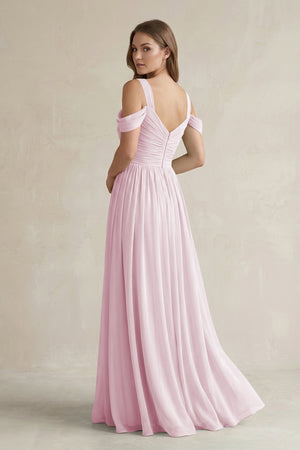 Candy Pink Off-the-Shoulder A-Line Chiffon Bridesmaid Dress With Slit (2) | KISSBRIDAL